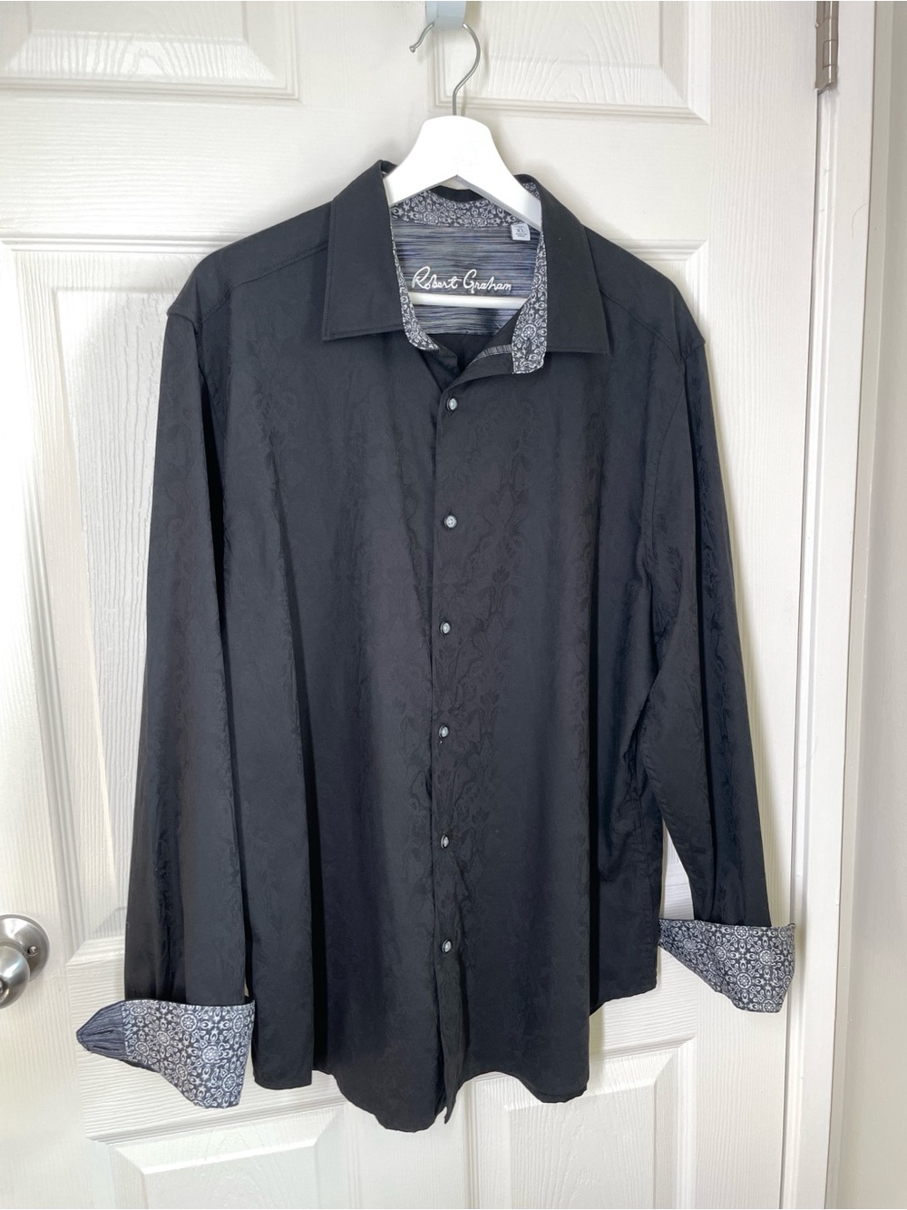 Robert Graham Windsor Black Paisley Jacquard Shirt XL Classic Fit Stretch